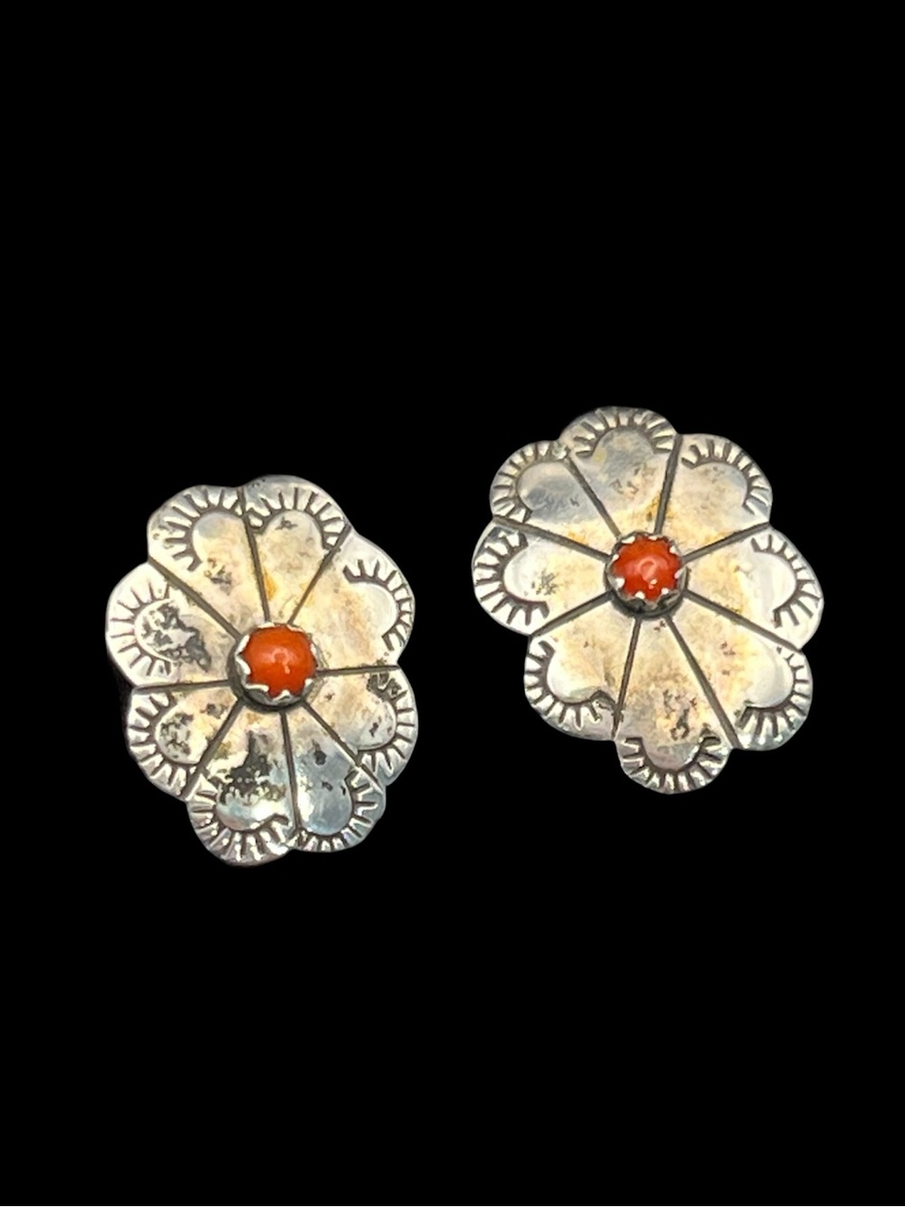 Navajo Native American sterling silver concho coral stone stud earrings vintage